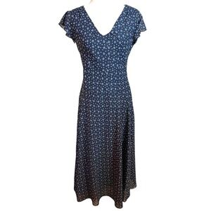 JG Hook Dress 6 Midi Navy Flutter Sleeve V-Neck Fit Flare Lined Tea Soft Drape